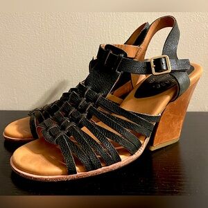 Women’s Kork-Ease Pepper Black Leather Retro Chunky Heel Sandals Shoes sz 9